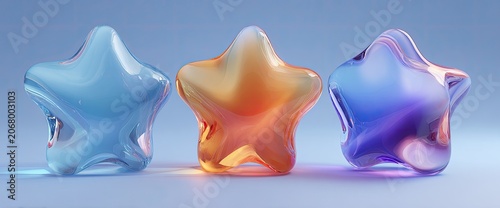 Three translucent star-shaped objects in different colors on a light blue background.