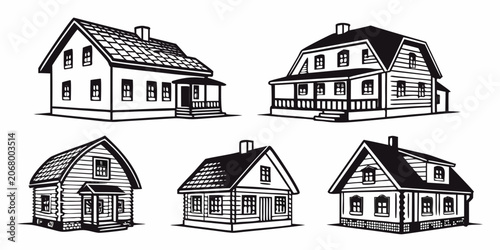 Quadro su tela Black silhouette of quaint village houses with pitched roofs and windows silhoue