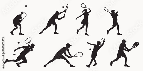 Foto Black silhouette of tennis players in various action poses sports isolated dynam