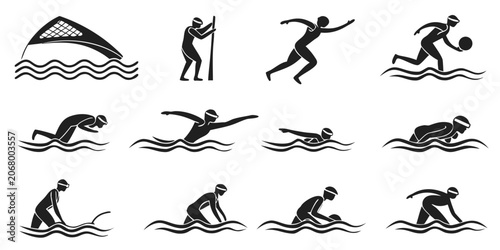 Canvastavla Black silhouette of various swimming strokes and water activities black freestyl