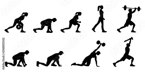 Canvas Print Black silhouette showing various gym exercises and workout poses gym workout exe