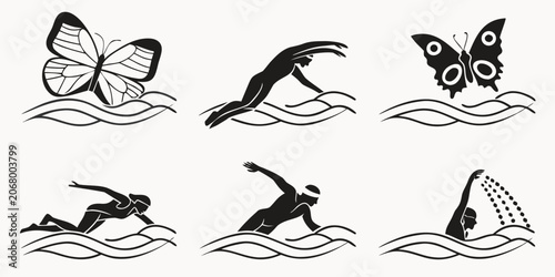 Foto Six black silhouette of swimming strokes and water polo sport freestyle