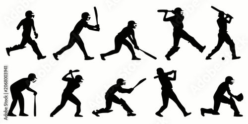 Fényképezés Black silhouette of 16 cricket players in action poses batsman bowler fielder cr