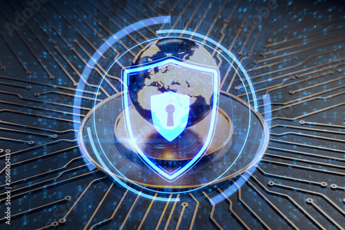 Digital shield icon with glowing lock symbol protecting a holographic globe o...