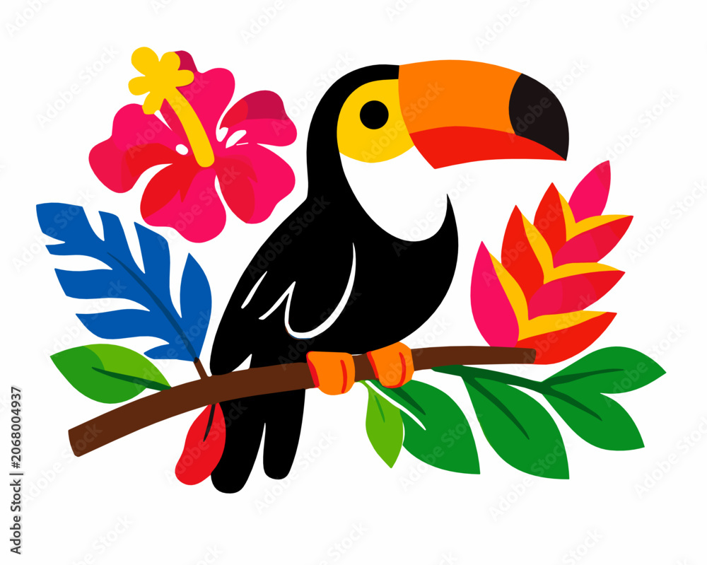 Naklejka premium Colorful toucan bird perched on a branch surrounded by tropical hibiscus flowers and exotic leaves. Exotic wildlife and jungle nature concept with vibrant flat cartoon style.
