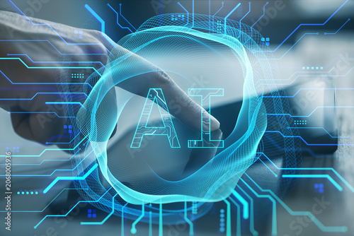 Futuristic digital interface with hand touching AI symbol surrounded by glowi...