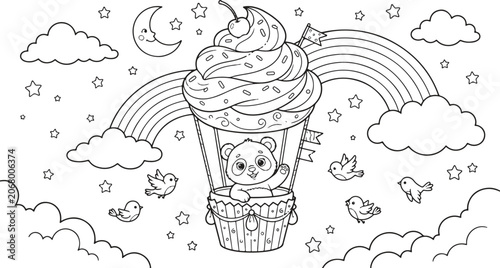Obraz na plátne Cute panda flying in a cupcake hot air balloon coloring page with rainbow clouds
