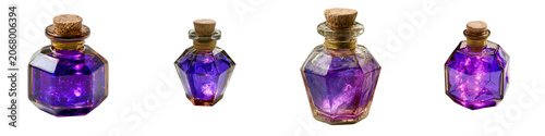 Four purple glass bottles with cork stoppers on transparent background