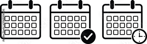 Three calendars with one checked and a clock beside it