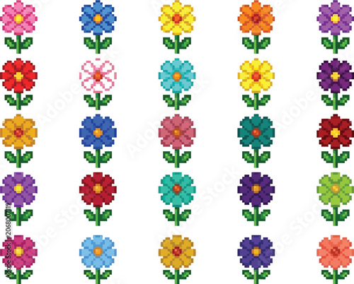colorful pixel art flowers for decoration and design