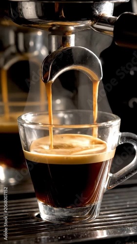 Detailed Close Up Of Espresso Coffee Pouring Into A Small Cup From A Professional Coffee Machine In Slow Motion Rich Brewing Process