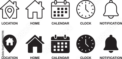 collection of black and white icons for location, home, calendar, clock, and notification