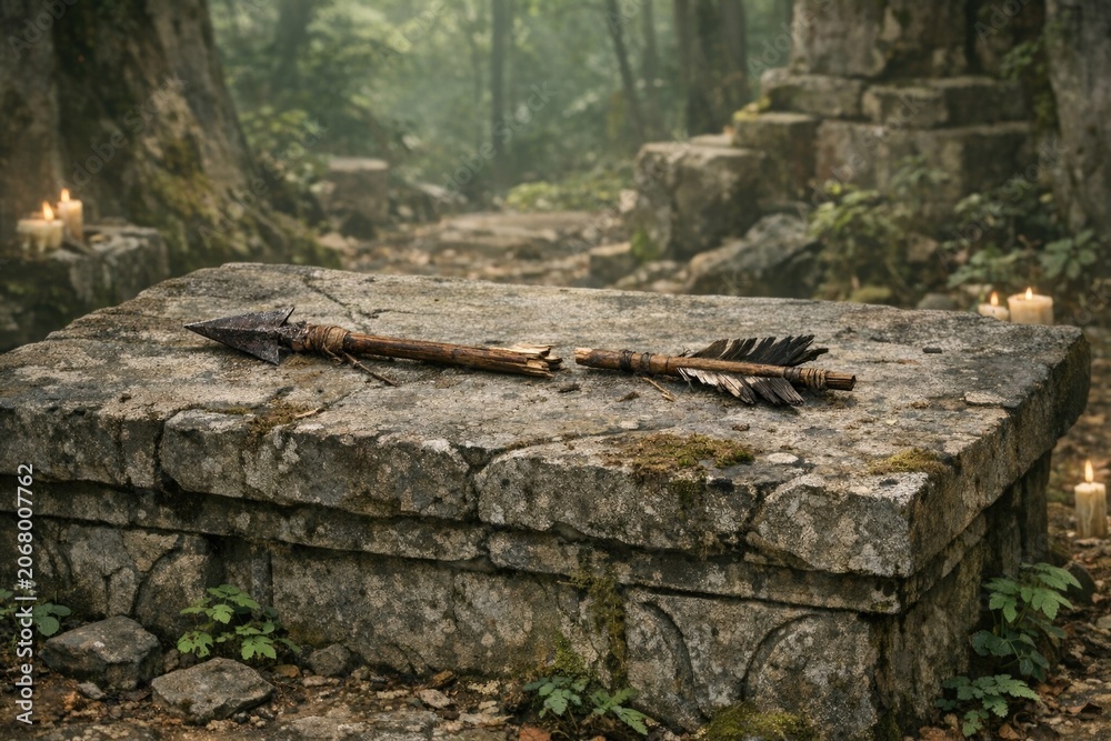 Obraz premium A single feather rests on a stone in the midst of a lush forest