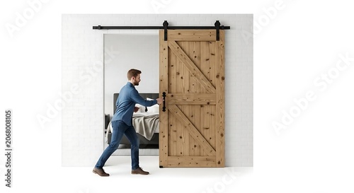 Man opening a wooden sliding barn door