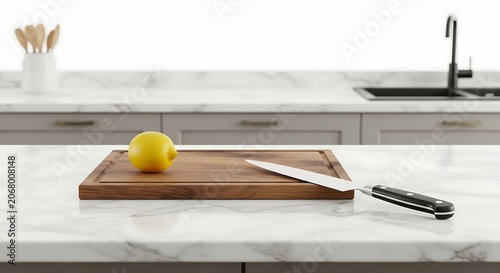 Fresh lemon and knife on wooden cutting board in kitchen