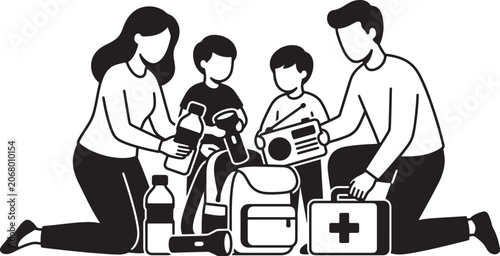 Family Preparedness Silhouette Against White Background Emergency Supply Illustration