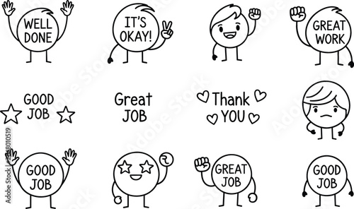 Fotografie Cute Teacher Reward Sticker Set with Hand Drawn Doodle Characters and Motivation