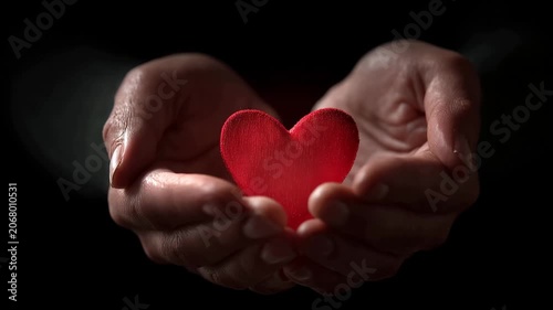 Heart in hands with glowing red heart symbolizing love and care, A person gently cradles a bright red heart in their hands
