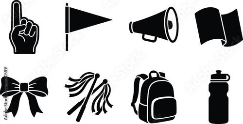Cheerleading and school spirit gear collection solid black silhouette vector icons isolated on white background