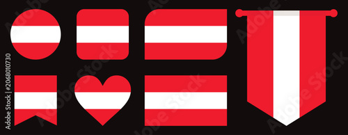 Austria Flag Icons Set in Circle, Heart, Rounded Square, Rounded Rectangle, Bookmark and Hanging Pennant Shapes - Austria National Flag Vector Collection Isolated on Black Background
