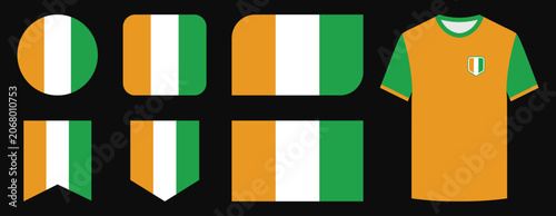 Ivory Coast Flag Icon Set in Various Shapes Including Circle, Rounded Square, Rounded Rectangle, Bookmark, Shield Badge and Football Jersey Vector Collection Isolated on Black Background