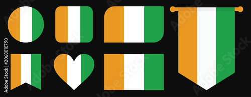 Ivory Coast Flag Icons Set in Circle, Heart, Rounded Square, Rounded Rectangle, Bookmark and Hanging Pennant Shaped - Ivory Coast National Flag Vector Collection Isolated on Black Background