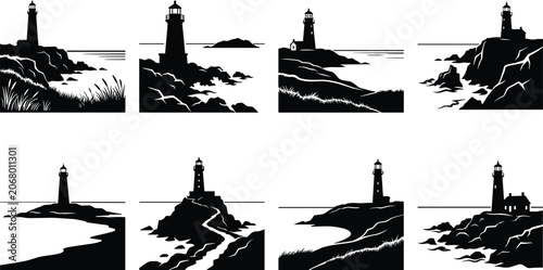 Coastal lighthouse landscapes collection with rocky cliffs and ocean waves black silhouette vector illustrations set