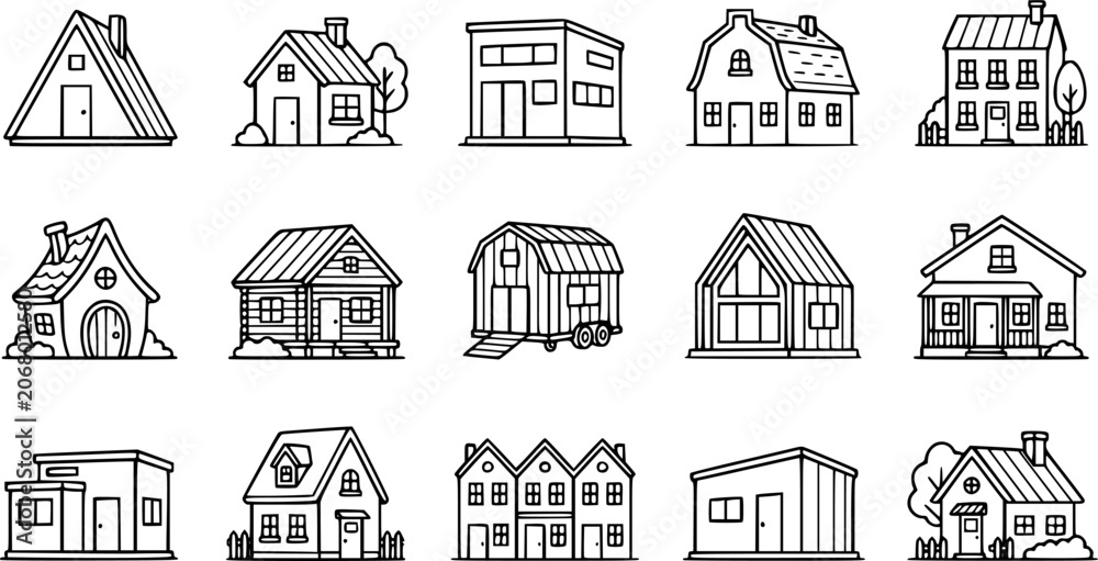 Fototapeta premium Cute tiny houses. Cartoon small town houses, minimalism city buildings, minimal suburban residential house vector illustration icons set. House small, structure town residential exterior