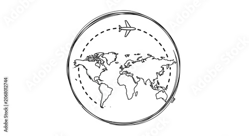 Outline of world map with an airplane circling above, symbolizing global travel and logistics, isolated white background.
