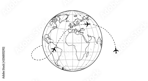 Outline illustration of an airplane flying a dotted route around the Earth globe, symbolizing global travel on an isolated white background.