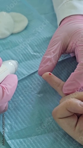 Medical professional performs blood test on patient in clinical setting using a device and collection tubes