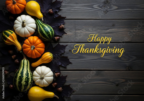 Thanksgiving themed image with assorted pumpkins and gourds on rustic wooden background
