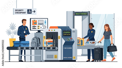 Flat vector illustration of an airport security checkpoint with passengers and officers screening luggage