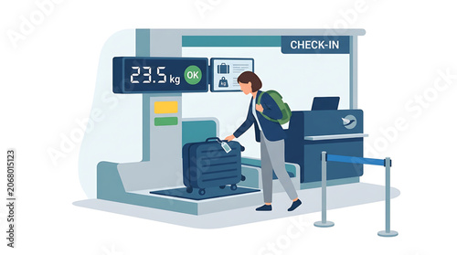 Woman passenger checking in luggage at airport counter with weighing scale digital display showing weight for travel departure process