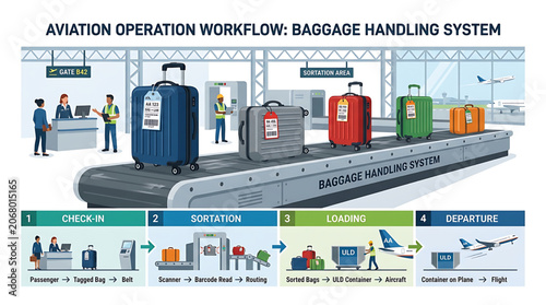 Automated airport logistics baggage processing system showing luggage moving from check-in through sorting and loading to airplane departure
