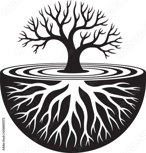 Black Tree with Bare Branches and Exposed Roots in Water white background