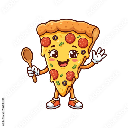 Smiling cartoon pizza slice character holding spoon