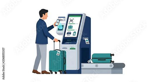 Airport self-service check-in kiosk with passenger and luggage for modern travel experience