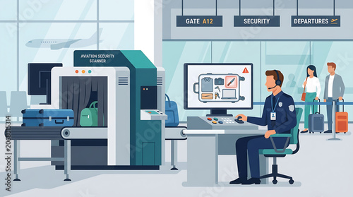 Airport Security Screening Process with Professional Staff Checking Luggage Through X-ray Scanning Systems for Passenger Safety