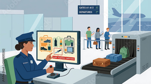 Airport security officer screening passenger luggage on x-ray scanner monitor vector illustration