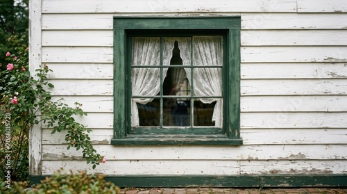 Old white house window with green frame and broken pane