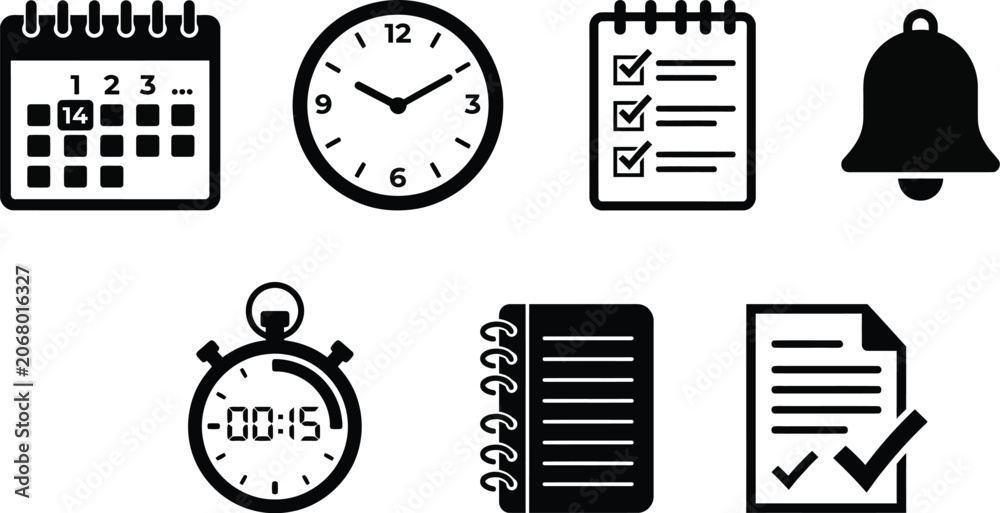 Fototapeta premium Time management icons set silhouette calendar clock checklist and notification isolated on transparent background
