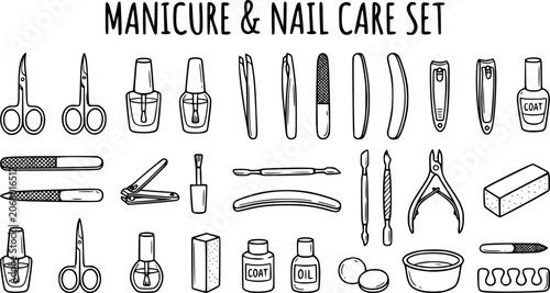 Doodle manicure equipment. Nail manicure tools, scissors, nail polish, tweezers and nail file, manicure accessories vector illustration set. Beauty salon, fingernails care and treatment