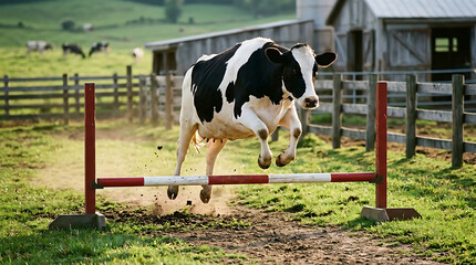 A black and white cow in mid-air leaping over a red and white striped hurdle on a farm