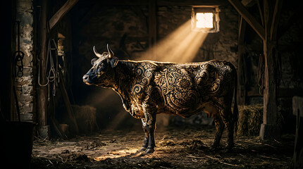 Ornately Decorated Cow Standing in a Sunlit Barn