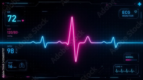 Futuristic Neon ECG Monitor with Glowing Heartbeat Pulse Waveform and Vital Signs Interface