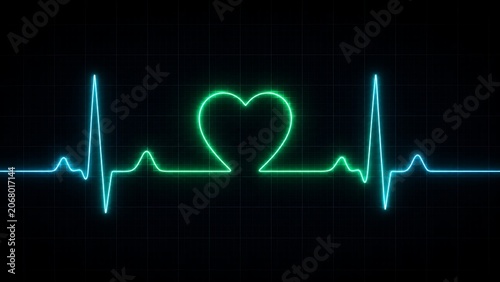 Neon Heartbeat Pulse Line with Glowing Heart on Medical Monitor Grid Background