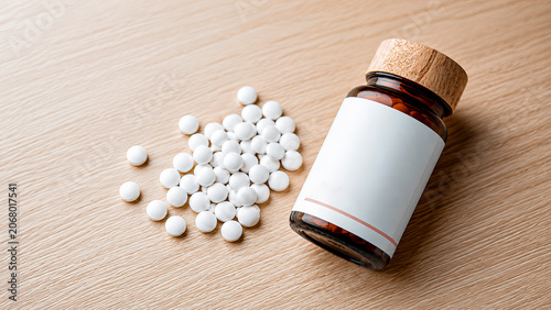 White tablets scattered beside an amber medicine bottle with a blank label on a wooden table, healthcare and pharmaceutical concept.