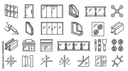 Canvastavla Glazing and Glass Installation Line Icon Set with Curtain Wall Frameless Door Do