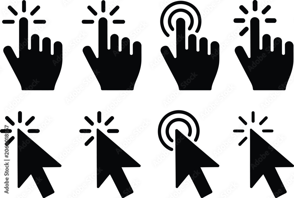 Fototapeta premium Flat design icons showing finger and mouse click interactions with sparkle effects